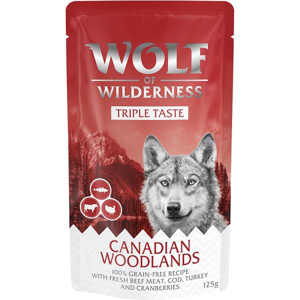 Wolf of Wilderness "Triple Taste" 12 x 125 g - Canadian Woodlands - vaca, bacalhau, peru