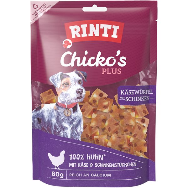 6x80g RINTI Chicko Plus Kaas & Ham Blokjes Hond