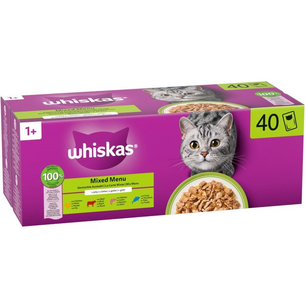 40x85g Whiskas 1+ Adult Verszakjes Mixed Menu in Gelei (4 soorten) nat kattenvoer