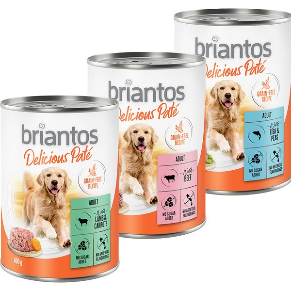 Briantos Delicious Paté 24 x 400 g - Pack económico - Pack misto: peixe, cordeiro e vaca