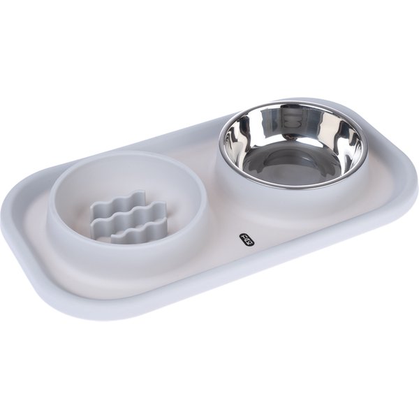 TIAKI dubbele voerbak roestvrij staal & slowfeeder met mat 2x 300ml hond