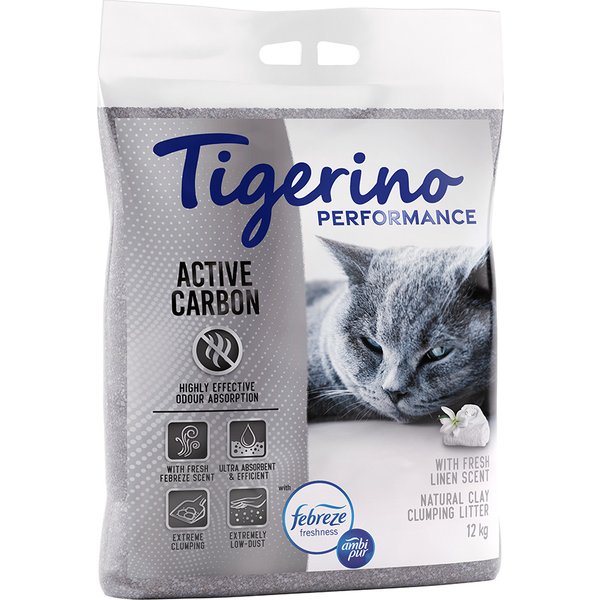 12kg Tigerino Performance Active Carbon Febreze/Ambi Pur Freshness geur van Fris Wasgoed Kattenbakvulling