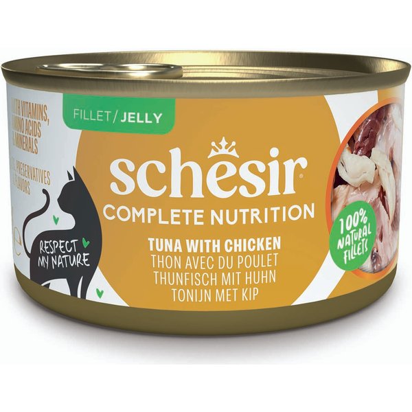 6x85g tonijn met kip Schesir Complete Voeding filet in gelei kattenvoer in gelei natvoer voor katten