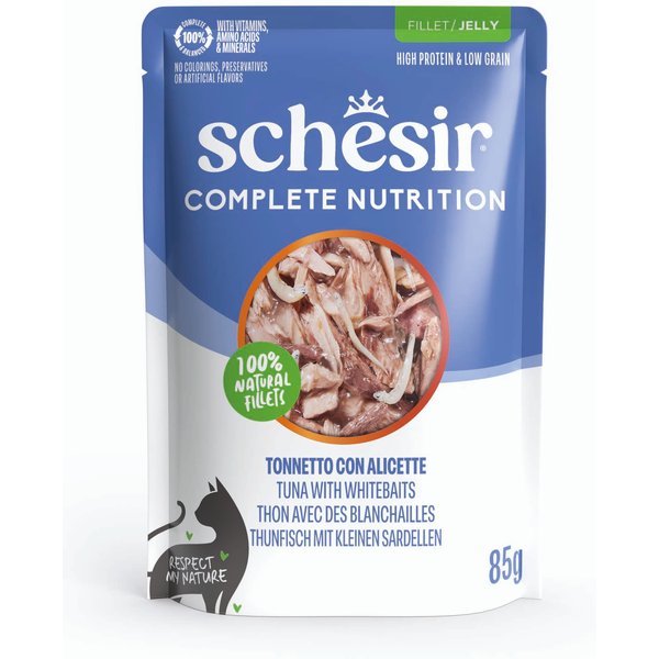 6x85g Tonijn met witte vis Schesir Complete voeding in gelei natvoer voor katten