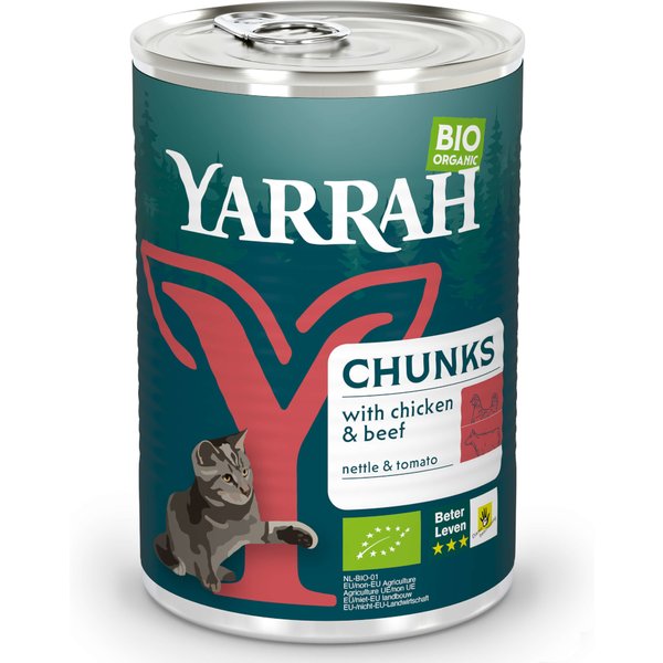 Yarrah Bio Chunks - 6 x 405 g - Pollo y vacuno ecológicos con ortiga y tomate ecológicos