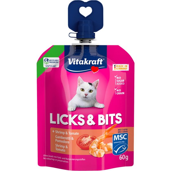 Voordeelpakket: 32x,60g Vitakraft Licks & Bits Shrimp & Tomaat kattensnacks
