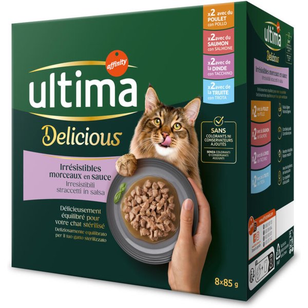 Ultima Sterilized Cat 8 x 85 g - Pack misto I (frango, peru, salmão, truta)