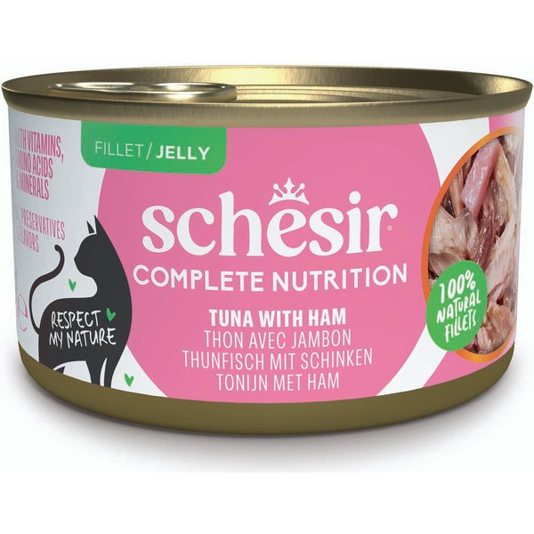Voordeelpakket: 24x85g Schesir Complete Nutrition filet in gelei tonijn met ham natvoer voor katten