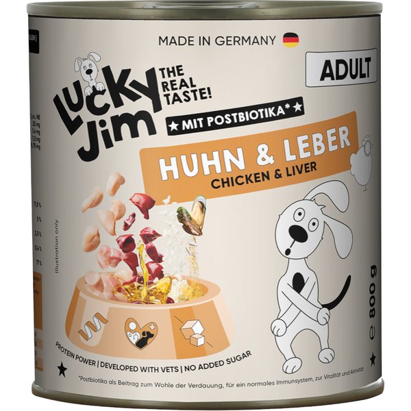 6x800g Lucky Jim Adult Kip & Lever natvoer voor honden