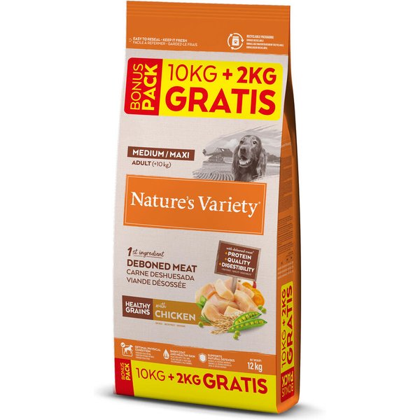 Nature's Variety Healthy Grains Medium/Maxi Adult Kip - 2 × (10 + 2 kg) gratis