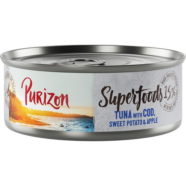 24x70g Tonijn met Kabeljauw, Zoete Aardappel & Appel Superfoods Purizon Kattenvoer