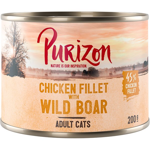 Purizon Adult 12 x 200 g comida húmeda para gatos, sin cereales - Pack ahorro - Filete de pollo con jabalí