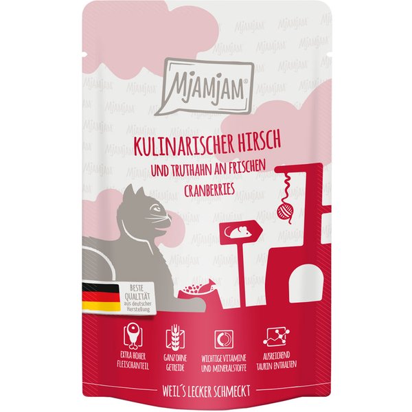 24x 125g MjAMjAM culinaire hert en kalkoen met verse veenbessen nat kattenvoer