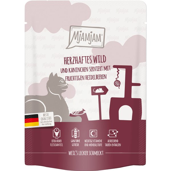 6x 300g MjAMjAM Squeeze hartig hert & konijn met fruitige bosbessen nat kattenvoer