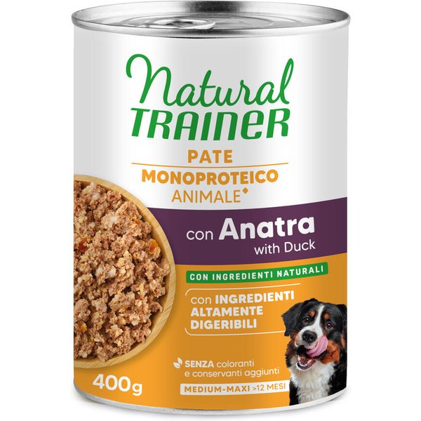 9 x 415 gr of 9 x 400 gr + 3 x 415 of 3 x 400 gr Natural Trainer natvoer voor honden - Sensitive No Gluten Adult Eend & Volle granen 12 x 400 g