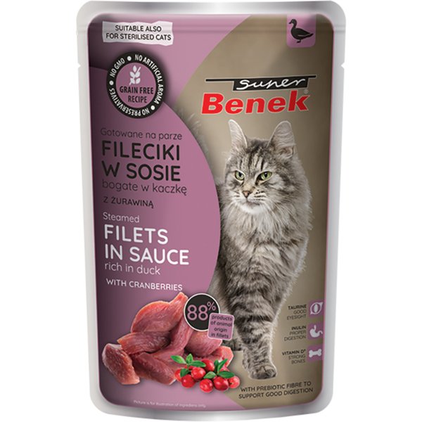 56x 85g Super Benek Graanvrij Gestoomde eendenfilets met veenbessen in saus nat kattenvoer