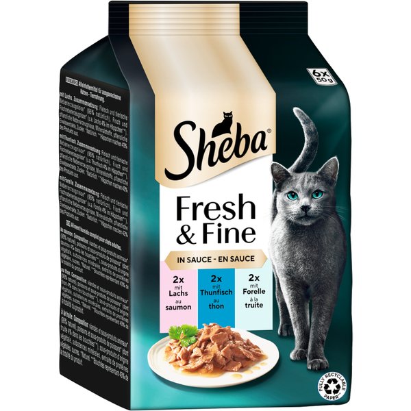 Sheba Fresh & Fine in Gelei/Saus Kattenvoer Megapack 12 x 50 g - Zalm, Tonijn & Forel in Saus