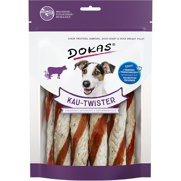Dokas palitos torcidos para cães - Pack económico: 2 x 200 g - Couro de vaca, coração e peito de pato