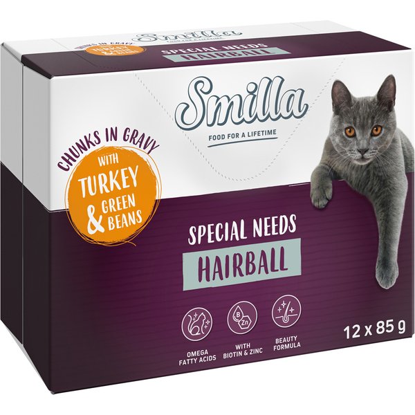 Smilla Adult Hairball em molho com legumes - Peru e feijão verde (12 x 85 g)