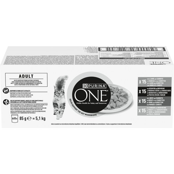 60x85g Purina One Adult Kat Mix Vlees & Groenten natvoer voor katten