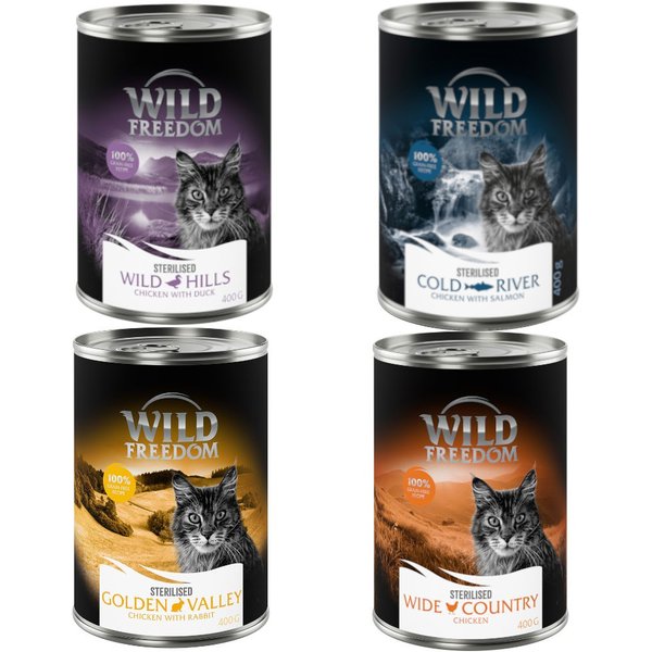 Wild Freedom Adult Sterilised 6 x 400 g - Graanvrij - Gemengd pakket (2 x Kip puur, 2 x Zalm, 1 x Konijn, 1 x Eend)