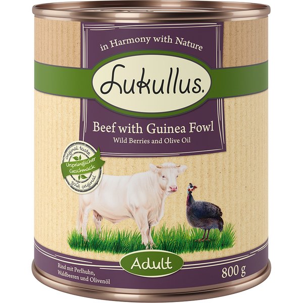 Lukullus Adult sem cereais 6 x 800 g - Vaca e galinha d'angola