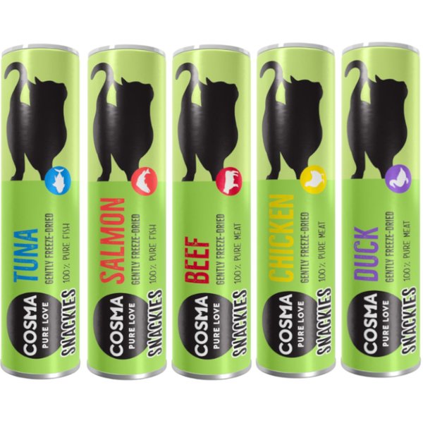 Cosma Snackies - Pack de degustação misto - 76 g, 5 variedades (frango, atum, pato, salmão e vaca)