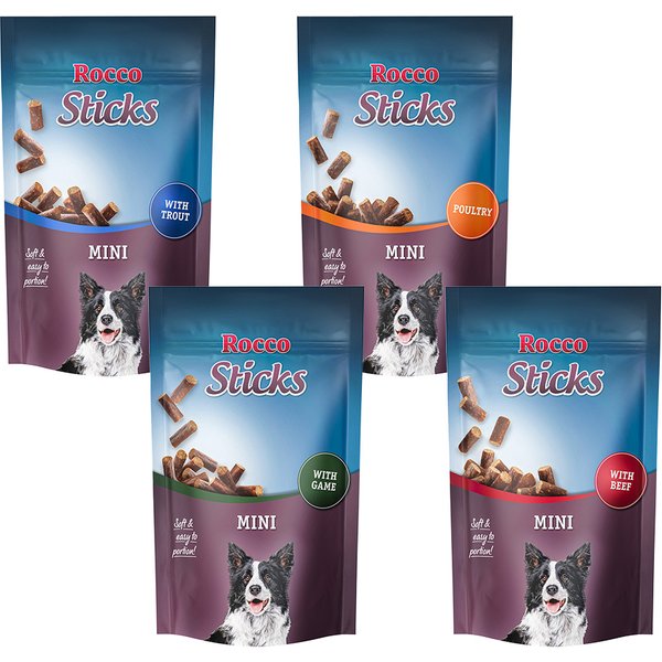3x100g Rocco Sticks Mini Mixpakket Rund, Gevogelte, Forel, Wild Hondensnacks