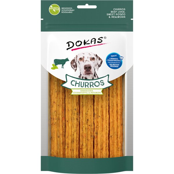 Dokas Churros com fígado de vaca, batata-doce e larvas de farinha - Pack económico: 4 x aprox. 150 g