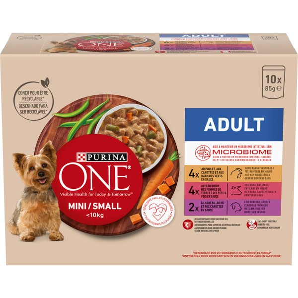 10 x 85 g Purina ONE Mini Adult Kip, Rund & Lam nat hondenvoer