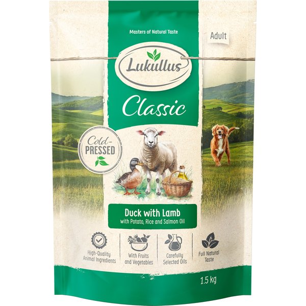 Lukullus Cold-Pressed Pato Barbarie e cordeiro - Pack económico: 4 x 1,5 kg: nova receita