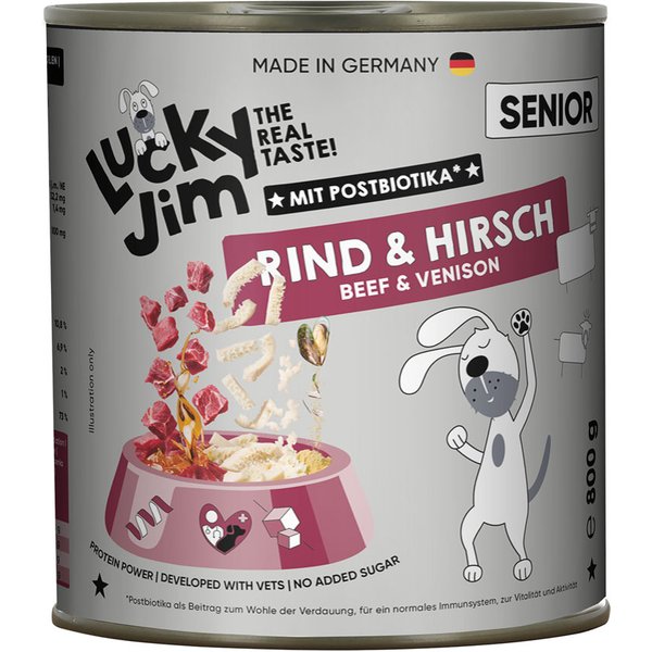 6x800g Lucky Jim Senior Rund & Hert natvoer voor honden