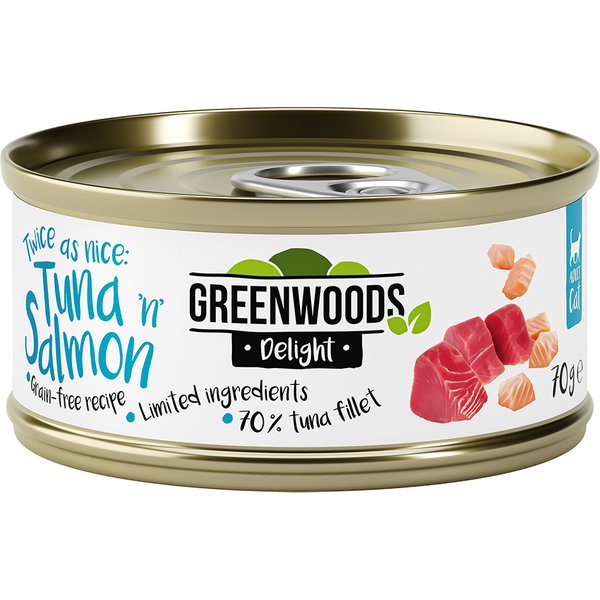 6x70g Delight Tonijnfilet met Zalm Greenwoods Kattenvoer