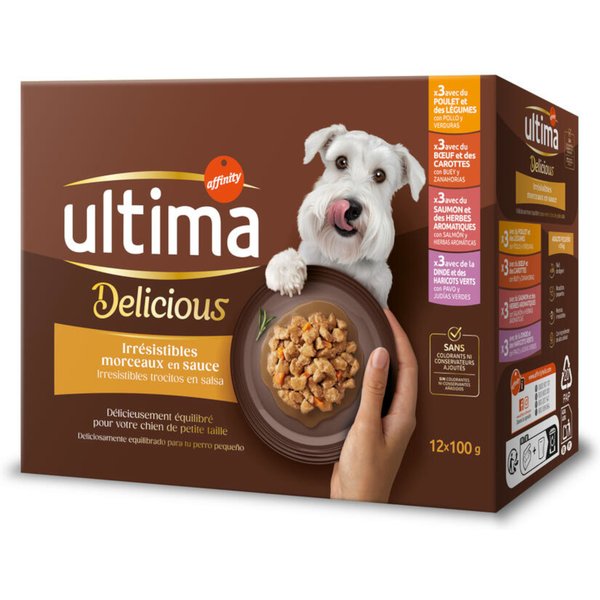 Ultima Delicious Bocaditos en salsa (pollo, vacuno, salmón, pavo) - Pack mixto - 24 x 100 g - Pack Ahorro