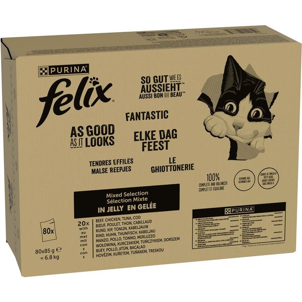 80 x 85 g Vlees & Vis Mix: Rund, Kip, Tonijn, Kabeljauw Felix Kattenvoer