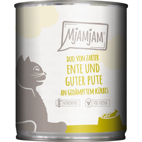 6x 800g MjAMjAM Duo malse eend & goede kalkoen op gestoomde pompoen nat kattenvoer