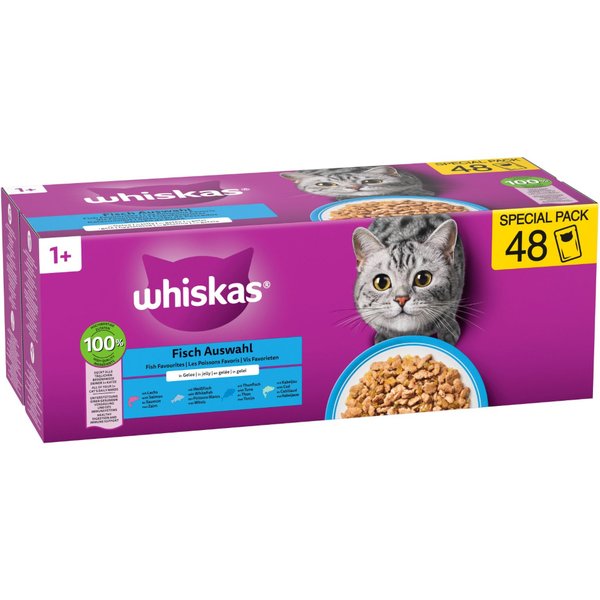 48 x 85 g Visselectie in gelei: Zalm, Tonijn, Kabeljauw, Witvis Whiskas +1 kattenvoer