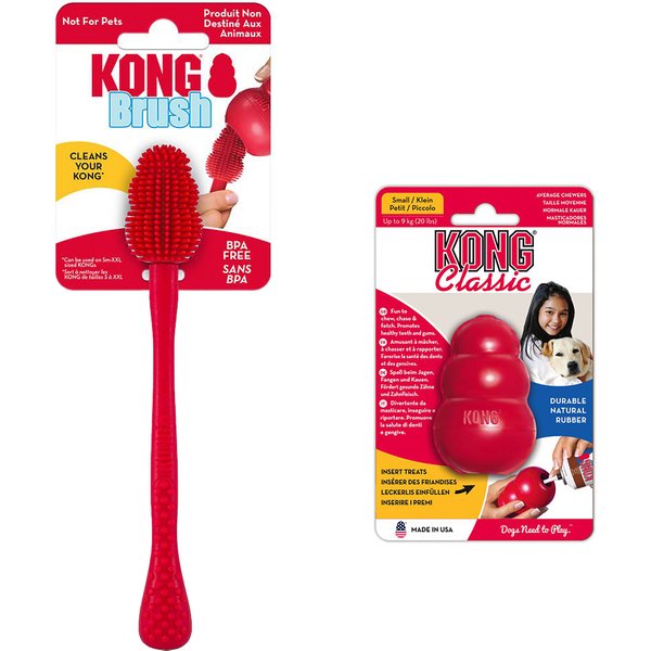 Pack económico: KONG Classic + escova de limpeza KONG para cães - KONG Classic S (7 cm) + escova de limpeza S-XXL