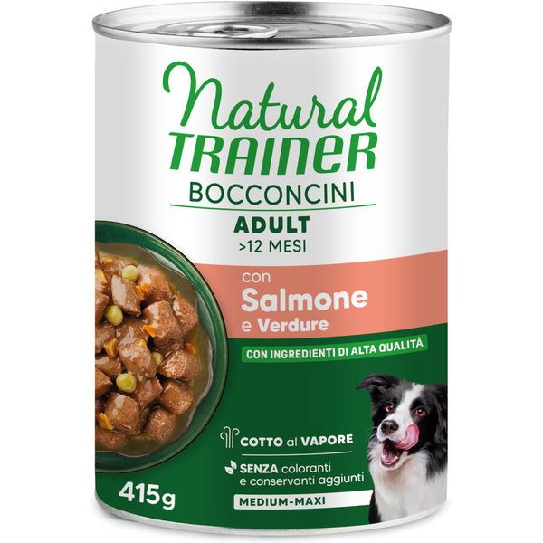 9 x 415 gr of 9 x 400 gr + 3 x 415 of 3 x 400 gr Natural Trainer natvoer voor honden - Bocconcini Adult Medium & Maxi Chunks: 12 x 415 g Zalm