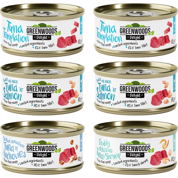 6x70g Tonijn (4 Smaken) Greenwoods Delights Kattenvoer