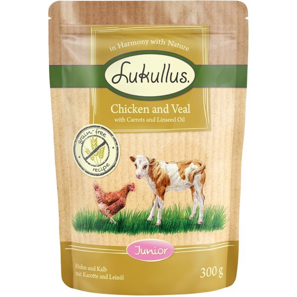 Lukullus Naturkost Junior Graanvrije vershoudzakjes 6 x 300 g - Kip en Kalf