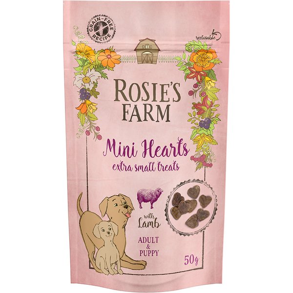 5x50 g Rosie's Farm Puppy & Adult Lam Mini Hearts Snacks Hond