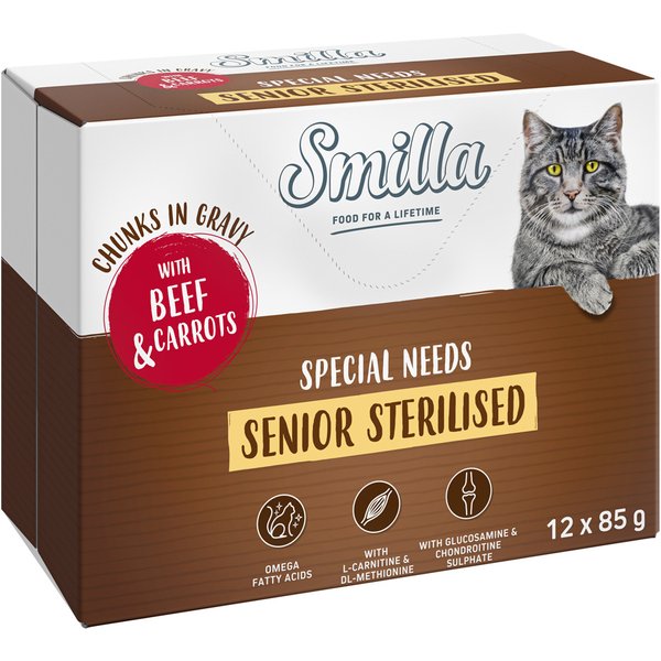 12x85g Smilla verse zakjes Senior Sterilised Hapjes in Saus Rundvlees en Wortelenmet Groenten