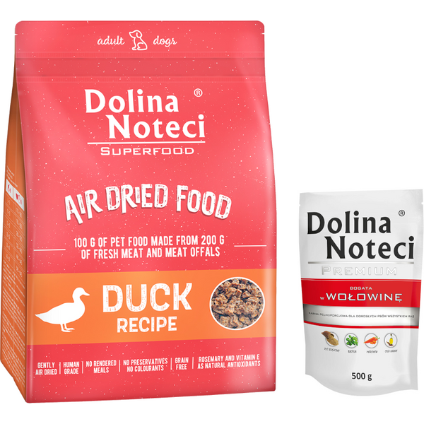 Dolina Noteci Superfood Adultos envase mixto, 1 kg + 10x500 g - Set I: 1 kg Superfood Adulto, con pato + 10 x 500 g Premium en sobres, ternera