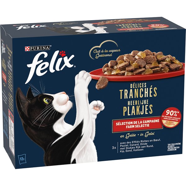 3 + 1 gratis! Felix natvoer voor katten of Felix kattensnacks - Heerlijke Plakjes Farm-selectie in gelei 48 x 80 g