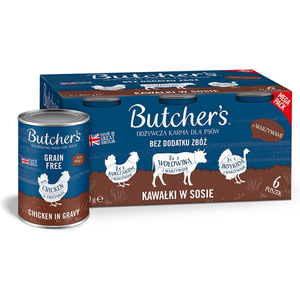 Voordeelpakket: 12x 400g Butcher's Original graanvrij voor honden 3 soorten (rund, kalkoen & kip) nat hondenvoer
