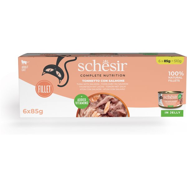 6x85g Thon avec saumon Schesir Complete Nutrition Nourriture humide en gelée pour chat