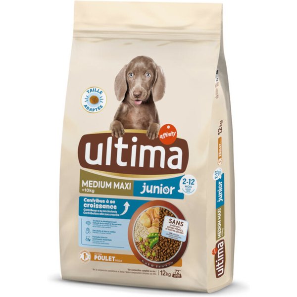 6 kg + 1 kg /6 kg +1.5 kg / 10 kg + 2 kg of 15 kg + 3 kg gratis Ultima droogvoer voor honden - Medium / Maxi Junior Kip 12 kg