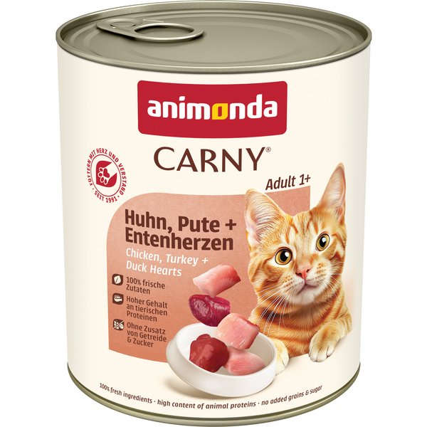 6x800g Adult Kip, Kalkoen & Eendenharten Animonda Carny Kattenvoer