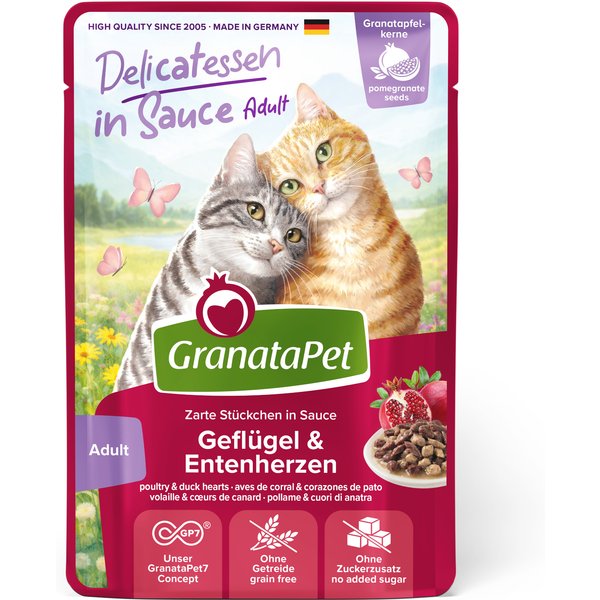 12x 100g GranataPet Delicatessen in Saus Gevogelte & Eendenharten nat kattenvoer